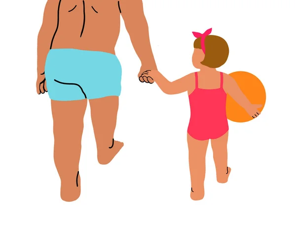 一个身穿泳衣的年轻父亲和女儿手牵着手散步 一起参加了一个海滩球 快乐的家庭在暑假的概念 说明1 — 图库照片