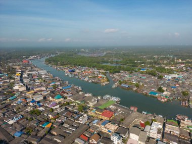 Chumphon, Thailand - February 10, 2023: Drone aerial point of view of Tha Taphap River from Khao Matsee mountain viewpoint in Pak Nam, Chumphon, Thailand.