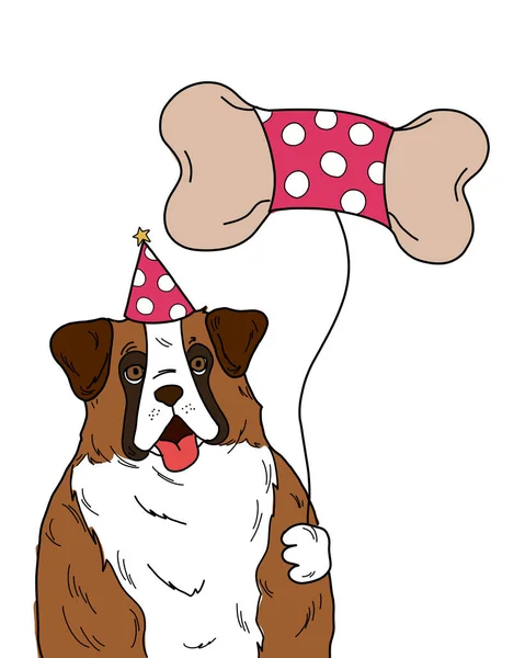 セントバーナード犬が骨の気球を持って誕生日パーティーを祝います 白い背景に隔離された幸せなペットの動物の描画 — ストック写真