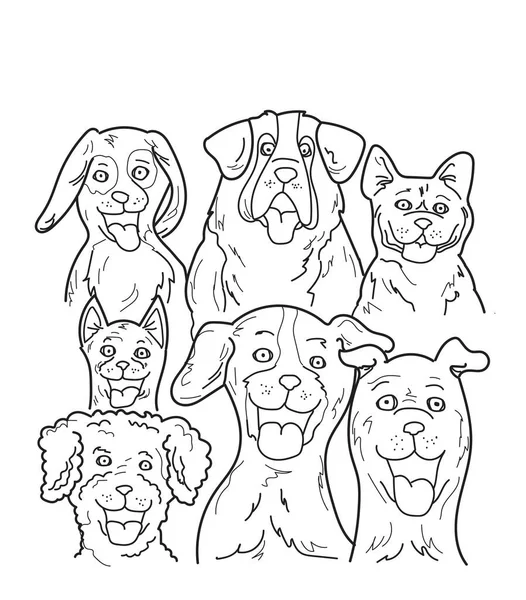 Gruppo Cani Felici Sorridenti Allegri Illustrazione Mano Disegno Stile Isolato — Foto Stock