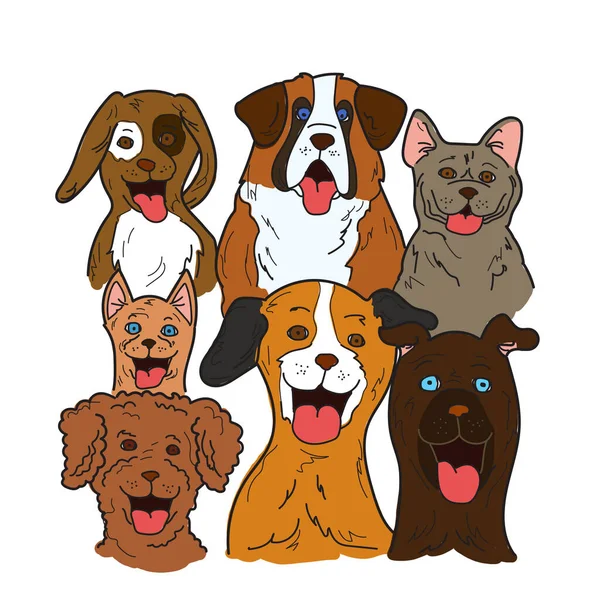 Group Happy Dog Face Smiling Cheerful Illustration Hand Drawing Style — Stock Photo, Image