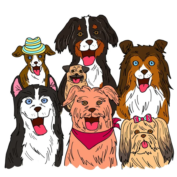 幸せな犬のグループは笑顔と陽気な顔をしている 白い背景に隔離されたイラスト手描きスタイル — ストック写真