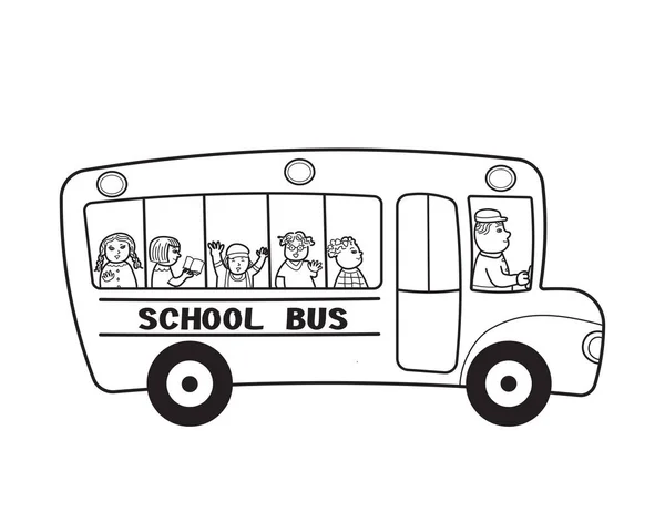 Schulbus Mit Einer Multiethnischen Gruppe Fröhlicher Junger Schüler Und Einem — Stockfoto