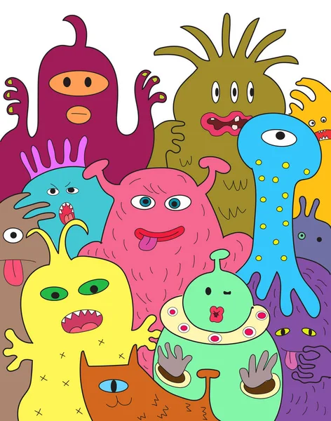 Grupo Monstruos Alienígenas Divertidos Lindos Celebran Fiesta Halloween Juntos Dibujo — Foto de Stock
