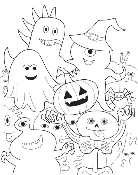 一群可爱有趣的鬼怪和骷髅一起庆祝万圣节假期 卡通人物卡通画黑白画 — 图库照片