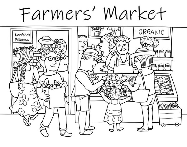 Farmers market. Group of multi-ethnic diverse people buying and selling healthy fresh fruits and vegetables at grocery store. Black and white illustration drawing.