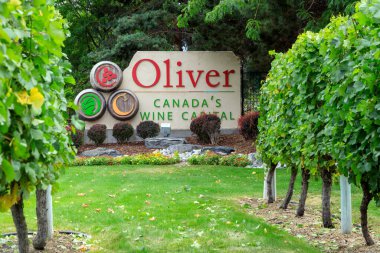  Oliver, British Columbia, Kanada - 24 Temmuz 2023: Kanada 'nın başkenti Oliver, British Columbia' nın küçük bir kasabasının girişindeki 