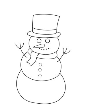 Siyah beyaz kardan adam çizimi. Noel kutlaması. Çizgi çizimi beyaz arkaplanda izole edildi.