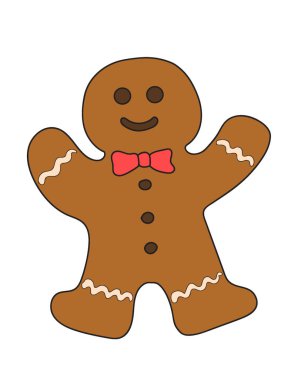 Beyaz arka planda izole edilmiş Noel zencefilli kurabiye adam kurabiyelerinin şirin klişe çizimi.