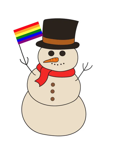 Cartoon drawing of snowman holding gay pride rainbow flag. Christmas celebration. Clipart illustration isolated on white background.