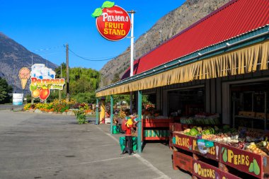 Keremeos, British Columbia, Kanada - 8 Eylül 2023: Keremeos, British Columbia, Kanada 'da toplanan taze meyve ve sebzelerin sergilendiği organik çiftçi pazarı.