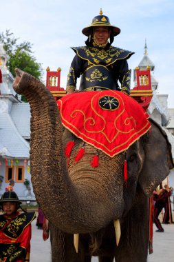 Lampang, Tayland - 2 Aralık 2023: Fillerle ve Tayland askerleriyle geleneksel tören Eski Lanna Kralı Mengrai 'yi kutlamak için Kraliyet kostümü giymiş. 