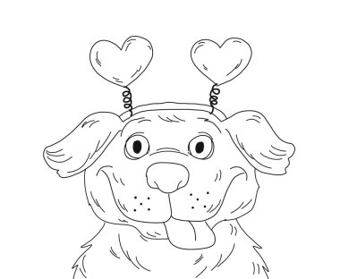 Kalp şeklinde saç bandı takan şirin bir köpek, dili çıkmış. Sevgililer Günü kutlaması. Boyama kitabı sayfası için siyah beyaz karikatür çizimi.