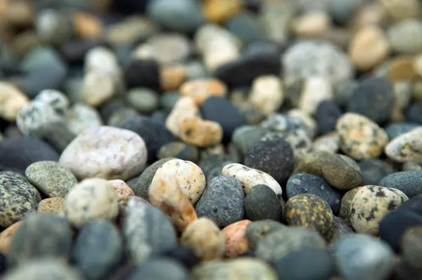 海滩河岩石和具有自然纹理背景的各种石头和卵石的近景 免版税图库照片