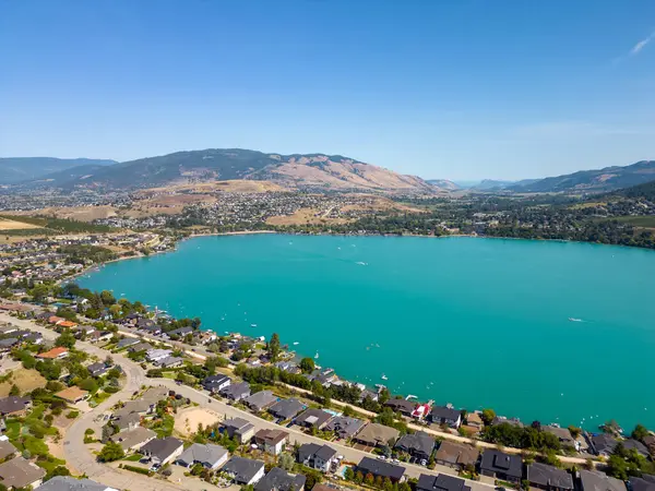 stock image Drone aerial view of Kalamalka Lake and Coldstream near Vernon, British Columbia, Canada. Kalamalka Lake is located in the Okanagan Valley.