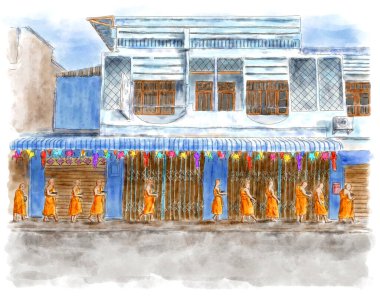 A group of Thai Buddhist monks holding alms bowl walking on a street with architecture buildings background. Lampang province, Thailand. Illustration hand drwan artwork. clipart