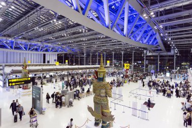 Bangkok, Thailand - March 15, 2017: Suvarnabhumi International Airport departure hall, also known as Bangkok International Airport, is one of two international airports serving Bangkok,  clipart