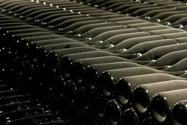 Şampanya ya da köpüklü şarap şişeleri Okanagan Vadisi, British Columbia, Kanada 'da ikinci bir fermantasyon için şarap mahzeninde yatay olarak depolanır..