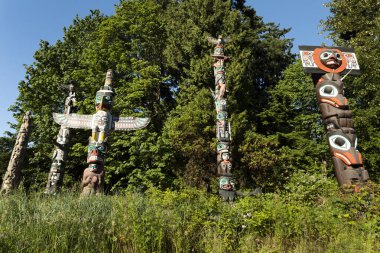 İlk Milletler, Kanada 'nın Britanya Kolumbiyası, Vancouver şehrinde bulunan Stanley Park' ın yerli totem kutupları..