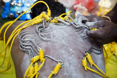 Penang, Malezya - 8 Şubat 2017: Thaipusam kutlamaları için piercingli bir dindar, Penang, Malezya 'da bir Tamil Hindu festivali Lord Murugan' ı kutlamak için kutlandı.