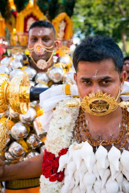 Penang, Malezya - 8 Şubat 2017: Thaipusam kutlamaları için piercingli bir dindar, Penang, Malezya 'da bir Tamil Hindu festivali Lord Murugan' ı kutlamak için kutlandı.