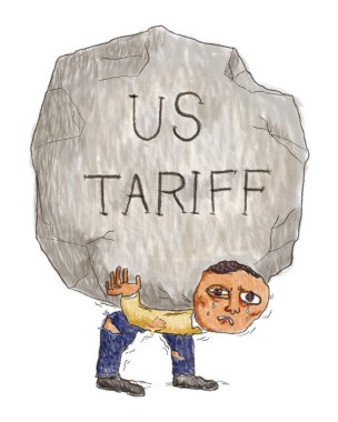 İş adamı, baskı ve endişe altında büyük bir kayanın üzerinde gümrük vergisi cezası taşıyor. ABD 'nin gümrük vergisi küresel finans ve ekonomi sorunu kavramı üzerinde etkisi.