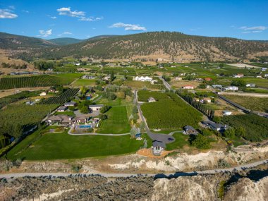 Penticton, British Columbia 'nın Okanagan Vadisi' nde bulunan Narata Bench üzüm bağlarının üstündeki insansız hava aracı görüntüsü..