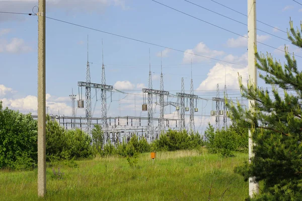 Die Strommasten Stehen Inmitten Eines Grünen Feldes Vor Blauem Himmel — Stockfoto