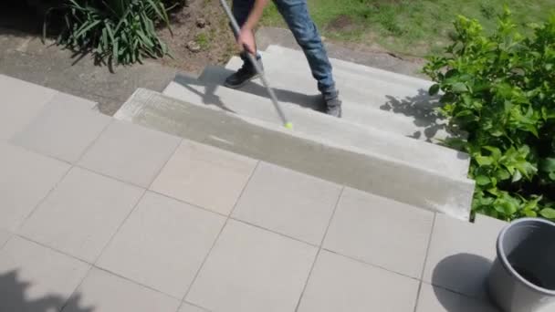 Boy Washes Steps Country House Mop Sunny Summer Day High — Stock Video