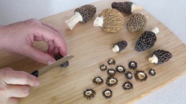 Mutfakta bahar mantarlarını dilimleyen bir adam. Bütün ve parçalara ayrılmış mantarlar masada Morels var. Vahşi hayvanlardan ya da Morel mantarlarından yemek yapma fikri. Yüksek kalite 4k