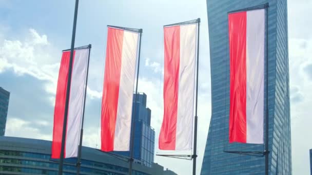 Bandeiras Polonesas Balançam Frente Cidade Férias Para Dia Independência País — Vídeo de Stock