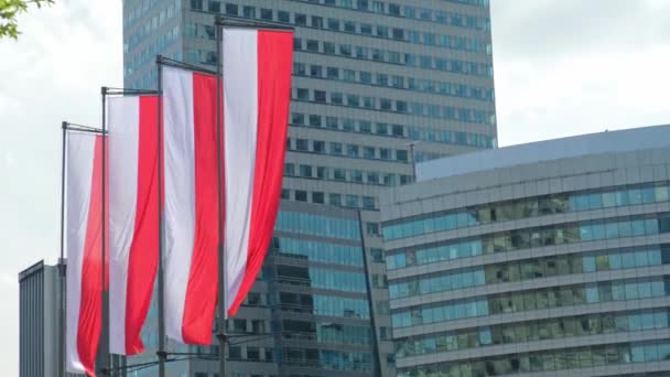 Bandeiras Polonesas Balançam Fundo Cidade Férias Para Dia Independência País — Vídeo de Stock