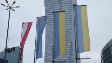 Polonya bayrakları, Avrupa Birliği ve Ukrayna Varşova 'da rüzgarda dalgalanıyor. Yüksek kalite 4k görüntü