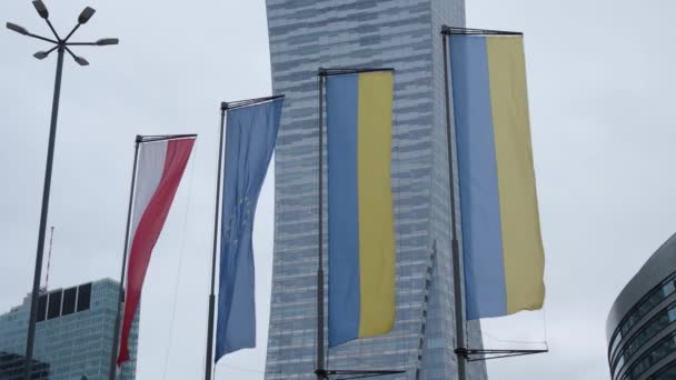 Σημαίες Της Πολωνίας Της Ευρωπαϊκής Ένωσης Και Της Ουκρανίας Κυματίζουν — Αρχείο Βίντεο