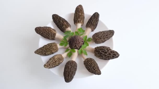 许多麋鹿蘑菇在圆圆的白盘上呈圆形排列 有机食品在桌子上 低热量饮食的想法 高质量的4K镜头 — 图库视频影像