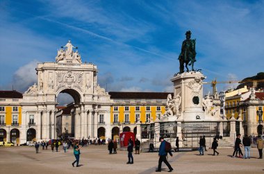 Lisbon, Portugal-December 29,2015:Panoramic landscape view of the arco da Rua Augusta at the Parca do Comercio in Baixa. Architectural icon of the city of Lisbon. Travel and tourism concept.