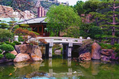Scenic landscape view of Japanese Garden or Jardin Japonais is a municipal public park in Monte Carlo in Monaco. Famous touristic place and travel destination in Europe.