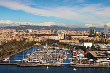 Amazing aerial landscape of historic part of Barcelona during sunny day. Embankment, harbor with moored yachts on the foreground. View from the cable car. Travel and tourism concept.