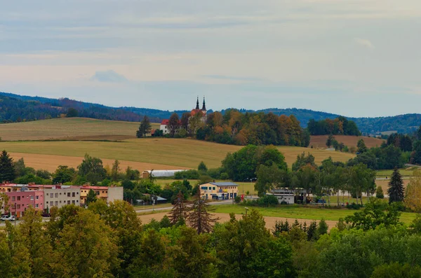 Typisch Uitzicht Vanuit Lucht Tsjechische Republiek Gebouwen Met Rode Tegeldaken — Stockfoto