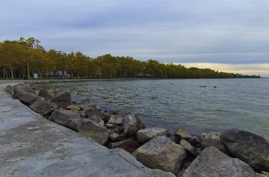 Gün batımında geniş açılı Balaton Gölü manzarası ve ünlü Uçak Ağaçları sokağı. Ünlü turistik yer ve romantik seyahat yeri. Balatonfold, Macaristan.