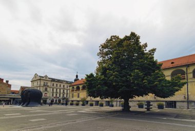 Maribor, Slovenia-September 23, 2019:Panoramic landscape view of medieval Svobode square with the Monument to the victims of World War II and old linden-tree. Autumn landscape of Maribor. clipart