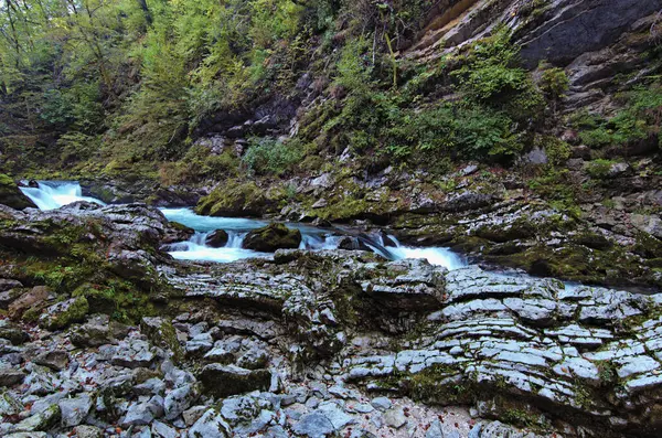Weitwinkelansichten Eines Sich Schnell Windenden Baches Mit Türkisfarbenem Wasser Zwischen — Stockfoto