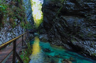 Triglav Ulusal Parkı 'ndaki Vintgar Vadisi (Kanlı Vadi) boyunca yürüyüş yolunun resimli görüntüsü. Ünlü turistik yer ve Slovenya 'da romantik seyahat beldesi.