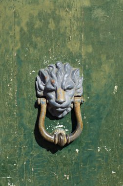 Detailed view vintage metal door knocker in the form of a lion's head on an old green chipped paint wooden door.	