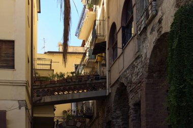 İki ev arasındaki dar sokak. İki eski ev arasındaki eski tuğla köprü. Çiçekler, sulu çiçekler ve kaktüslerle süslenmiş güzel otantik bir köprü. Seyahat ve turizm kavramı.