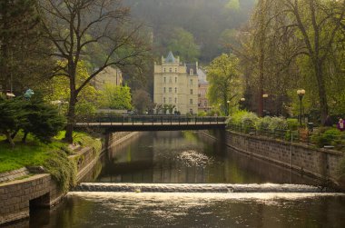 Şehir parkının resimli sabah manzarası eski büyük ağaçlarla dolu. Çek Cumhuriyeti, Karlovy Vary 'deki Tepla nehri üzerindeki yaya köprüsü. Seyahat ve turizm kavramı.  