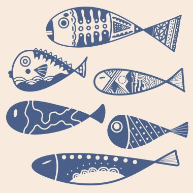 A set of doodle art fish, a Japanese hand-drawn, vector illustration of seafood sketch style for pattern design, and a restaurant gourmet menu kitchen.