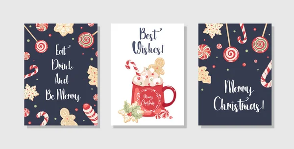 Conjunto Cartões Felicitações Natal Com Elementos Decorativos Desenhados Mão Estilo — Vetor de Stock