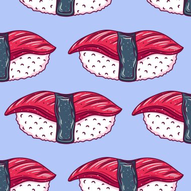 Kusursuz desenli arka plan ve parlak, şirin suşi çizimleri..