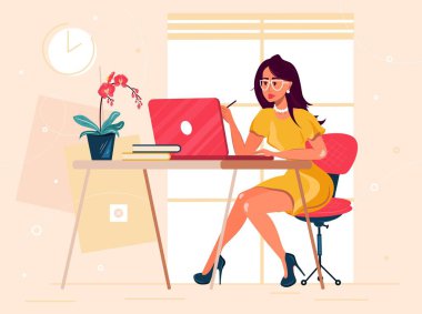 Ofis çalışanı. İş kadını masada oturuyor ve dizüstü bilgisayar üzerinde çalışıyor. Düz vektör çizimi